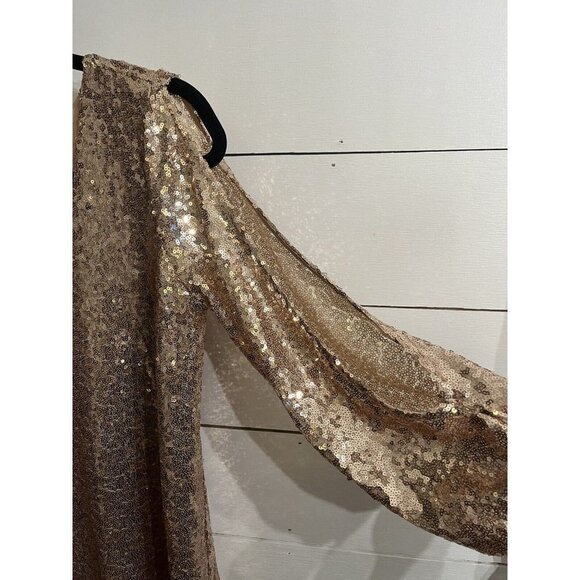 Lulu’s Rose Gold Sequin Cold Shoulder Sleeve Formal Prom‎ Shift Dress Gown Sz M - Picture 2 of 4